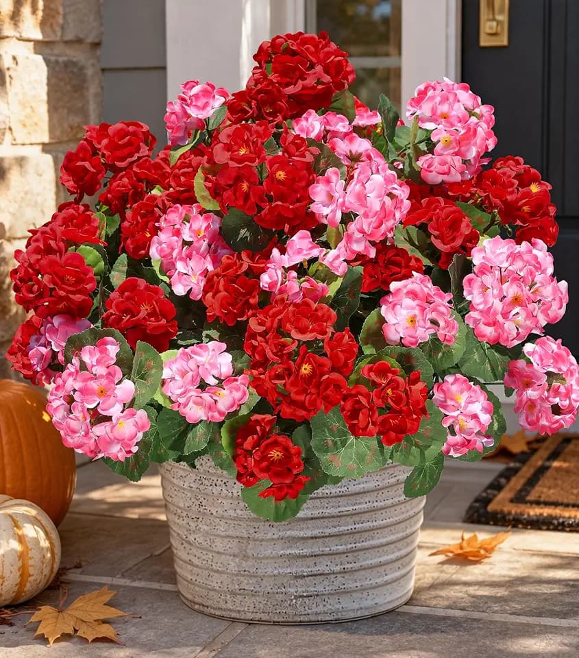 Artificial Geraniums Fake Flowers for Outdoors Decoration, 6 Bundles Silk Geraniums Flower UV Resistant Look Real Faux Plants for Front Door Garden Porch Planter Patio Balcony Yard Indoor Home, Mix