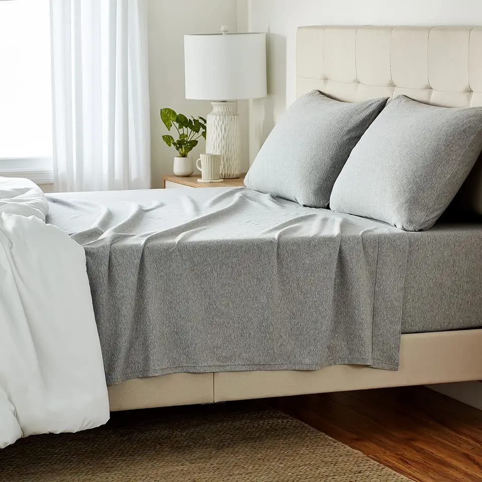 Amazon Basics 4 Piece Bed Sheet Set, 100% Cotton Jersey, Includes Super Soft, Flat and Fitted Sheets, Pillowcase, Queen, Light Gray, Solid