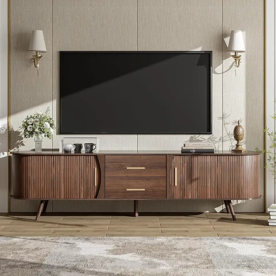 Merax 70.8" Fluted TV Stand for 75 Inch TV, Mid Century Modern Entertainment Center with 2 Storage Drawers and Sliding Tambour Doors, Modern Walnut Curved Design Media Console for Living Room
