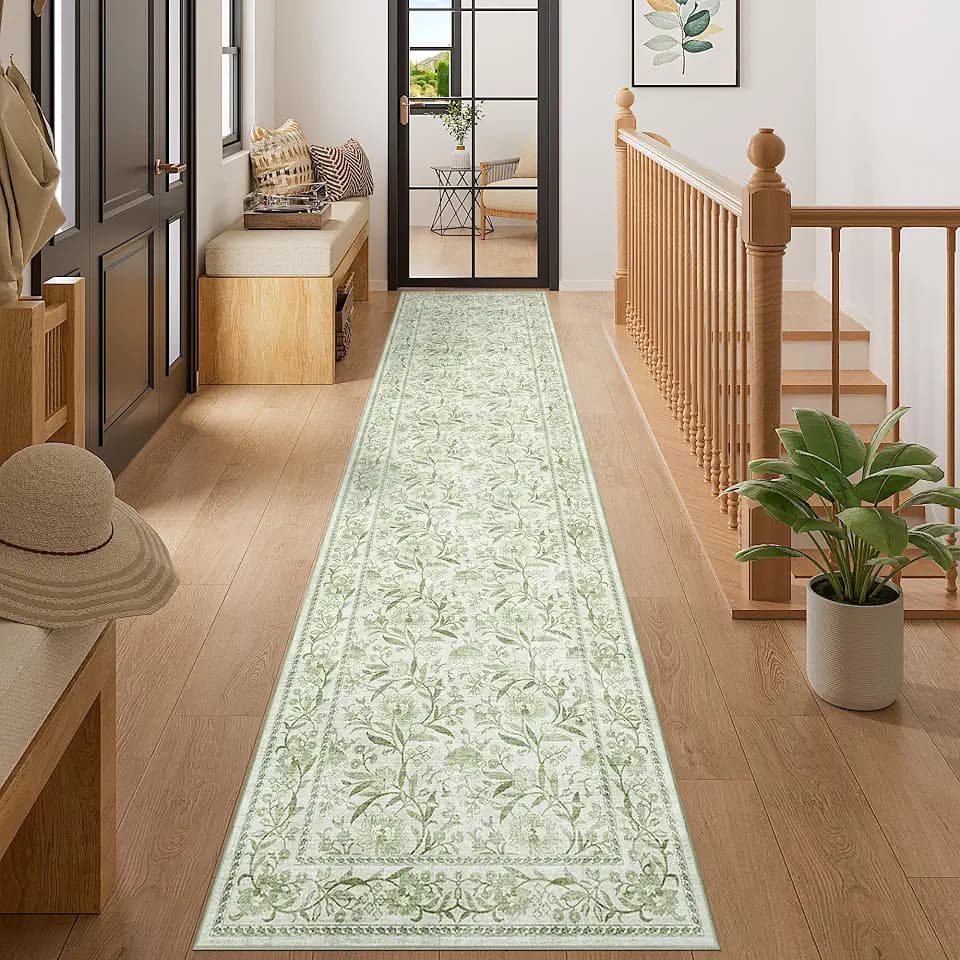 DUKINO 2x10 Runner Rug for Hallway, Washable Vintage Floral Rug, Sage Green