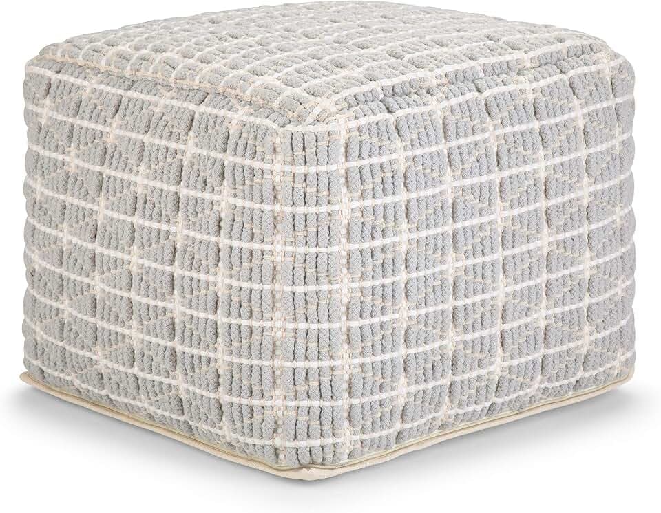 SIMPLIHOME Noreen 18" Wide Square Pouf in Blue/White Handwoven Cotton