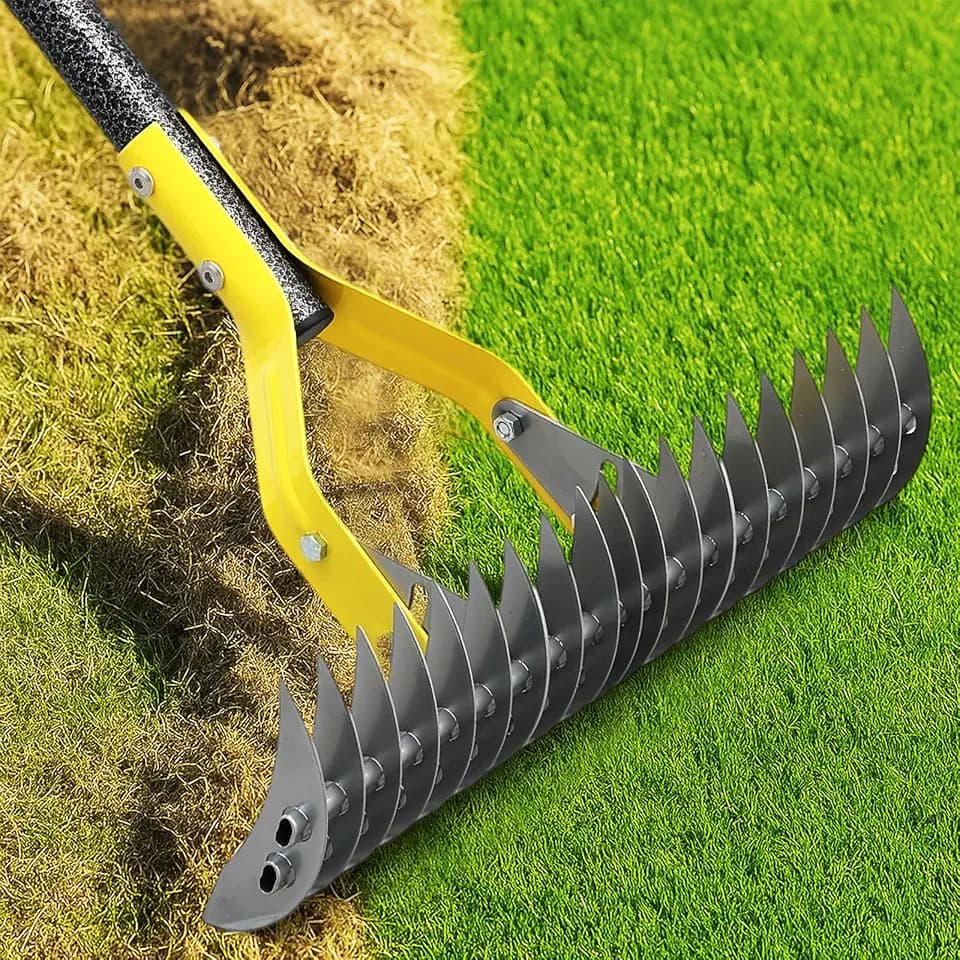 Manual Thatch Rake, 15" Dual-Sided Head with 19 Sharp Tines,55" Adjustable