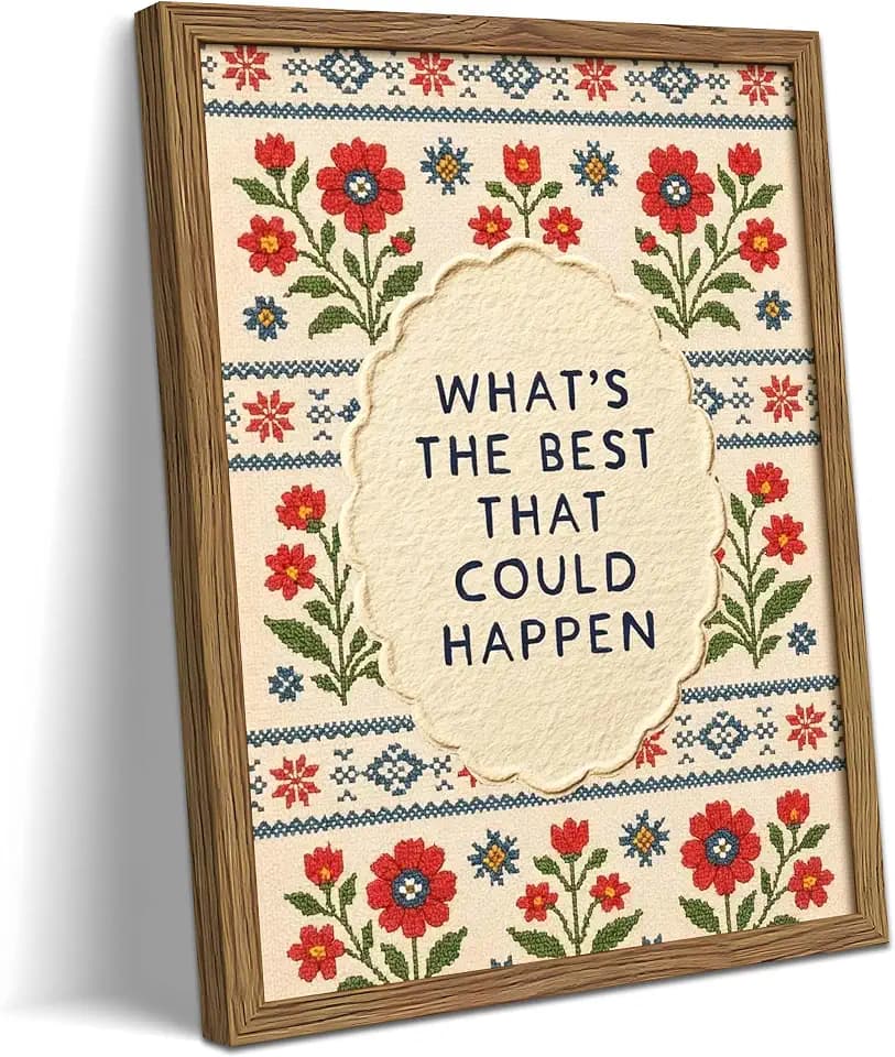 Framed Inspirational Wall Art, What's the Best That Could Happen Quote Canvas Wall Decor Painting, Vintage Floral Botanical Artwork Poster Print Picture for Living Room Bedroom Office 16x24 Inch