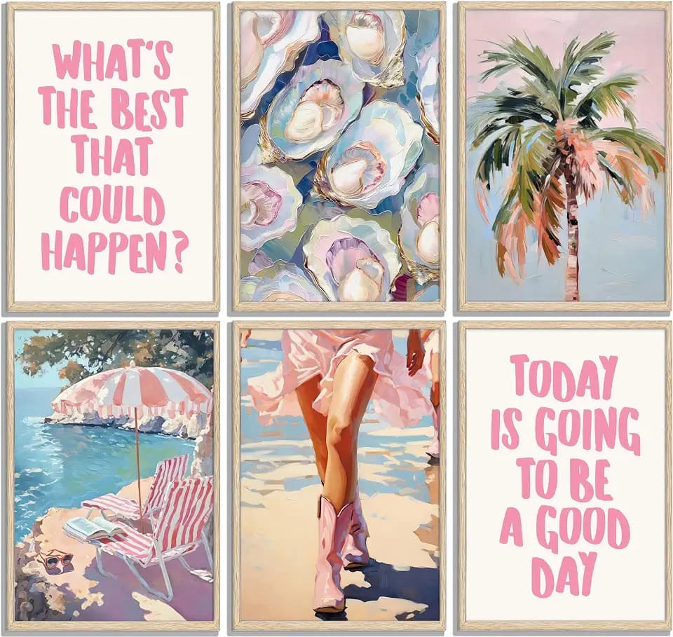 YKVDOROK 6Pcs Pink Beach Preppy Wall Art Beach Granddaughter Aesthetic Painting Pictures Coastal Cowgirl Canvas Posters Shell Sea Oysters Prints Wall Decor for Teen Girls Dorm Apartment Home Unframed