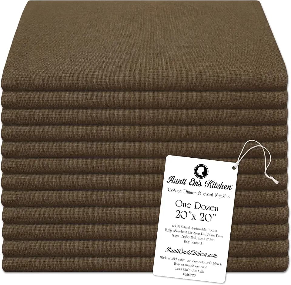 Aunti Em's Kitchen Bronze Cotton Napkins Cloth 20 x 20 Oversized 100% Natural Bulk Linens for Dinner, Events, Weddings, Set of 12