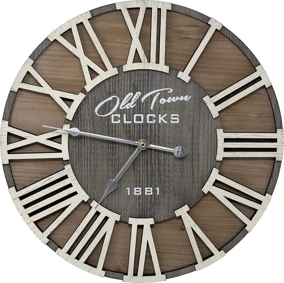 18" Rustic Farmhouse Wash Out Vintage Roman Wooden Wall Clock Silver Hands (Whitewood Lettering, 18 inch)