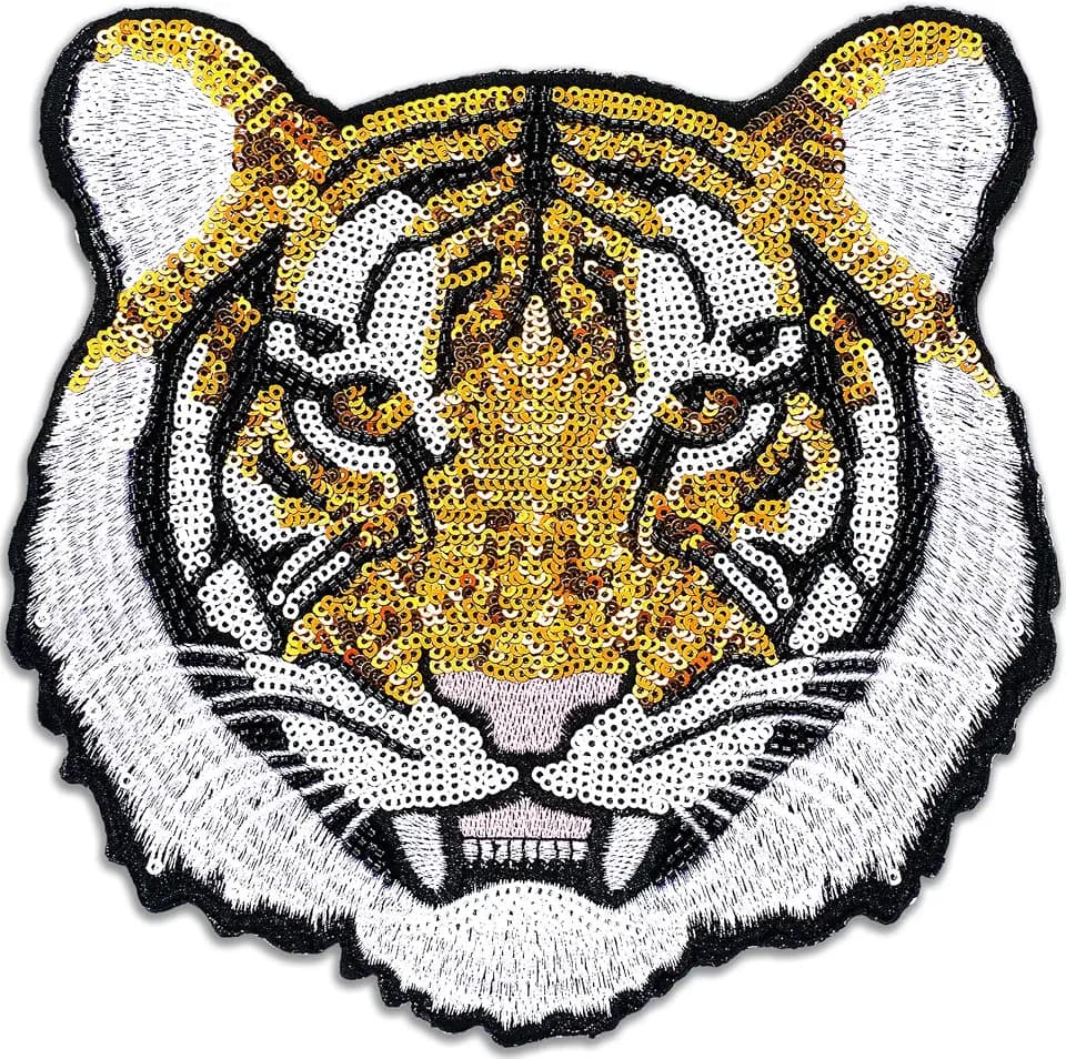 Lyrow 1 Pc Tiger Head Iron on Patch, 7.8'', Classic Sequins