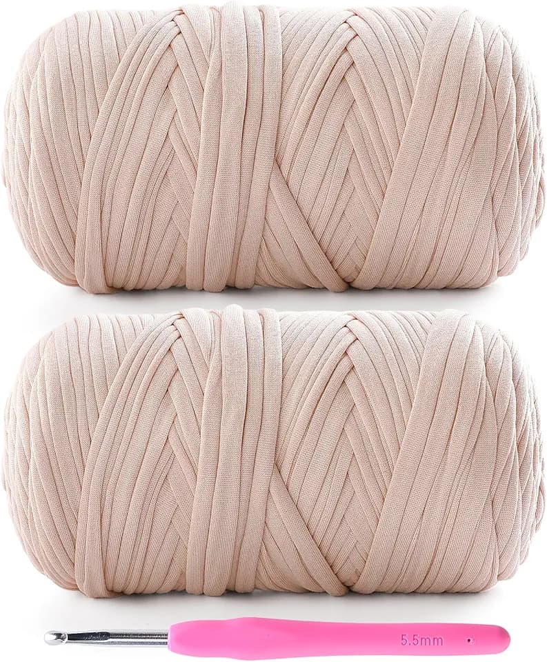 2 Pack Tshirt Yarn for Crochet - 800 g/260 yds T Shirt Yarn for Crocheting Bags/Baskets/Home Decor - Soft Elastic Fabric T-Shirt Yarn with 1 Crochet Hook (2, Beige)