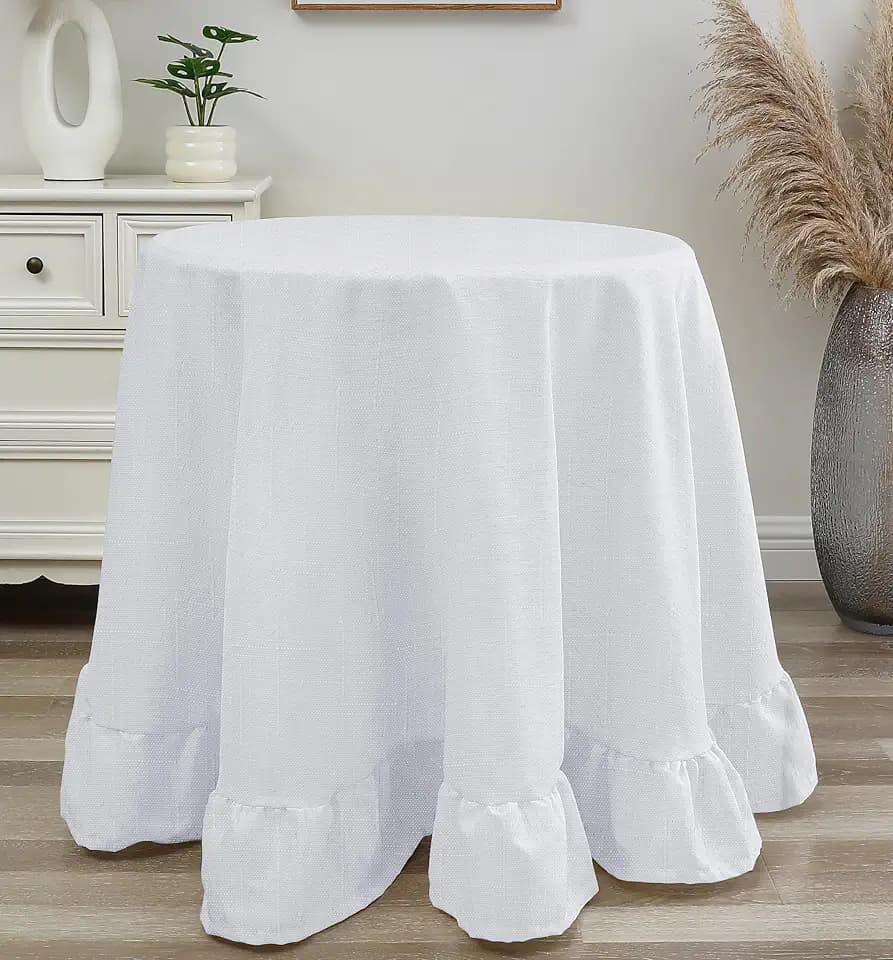 90" Round Decorator Tablecloth Dining and Banquet Rustic Style Linen Ruffled Edge (White)