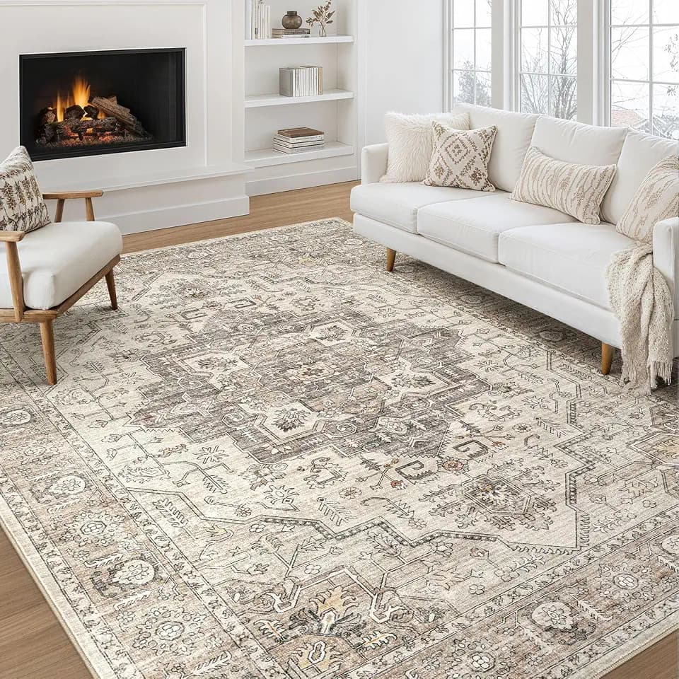 8x10 Area Rugs for Living Room: Washable Vintage Light Brown Rug