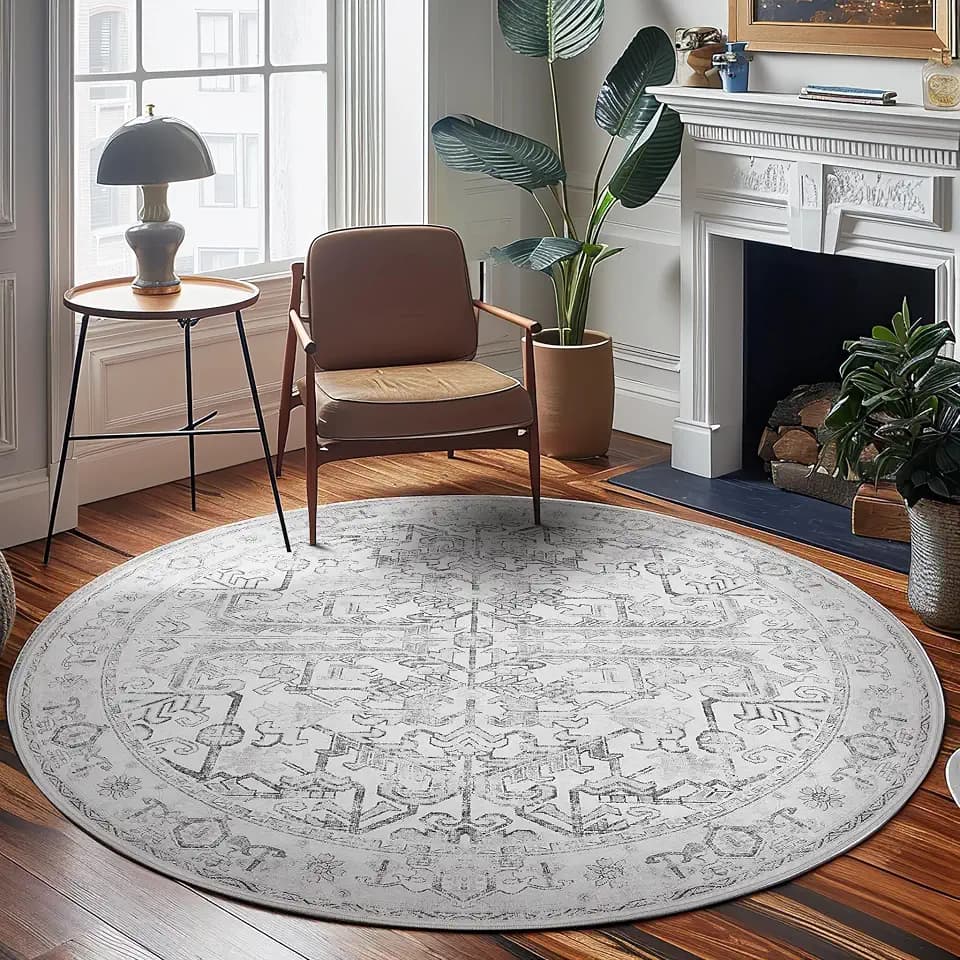 jinchan 8ft Washable Indoor Round Area Rug, Vintage Floral Non-Slip, Grey