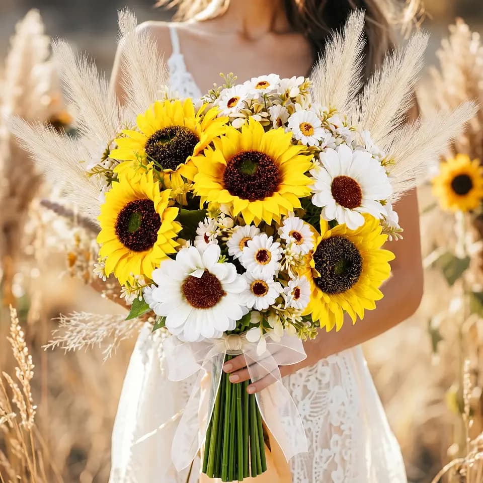 Giegxin 23.6" Artificial Sunflower Fall Bridal Bouquet with Reeds Ribbon