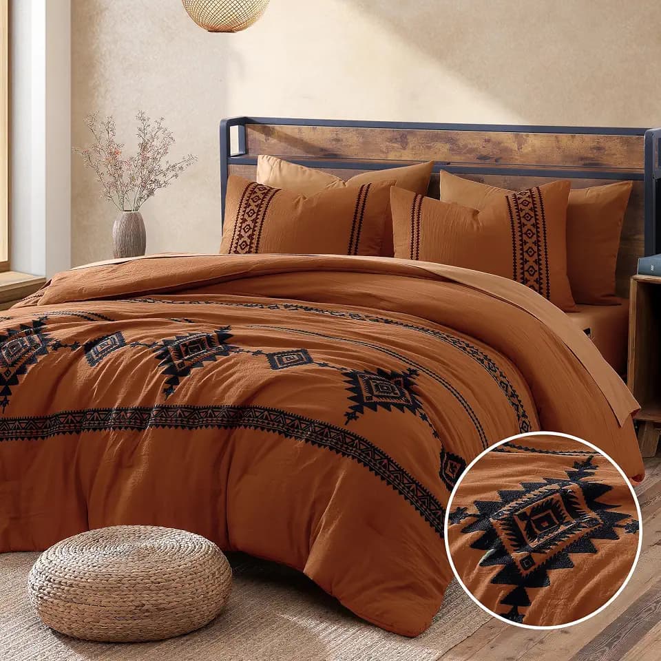 MaiRêve Embroidery Queen Comforter Set 7 Pieces Burnt Orange Bed in a Bag