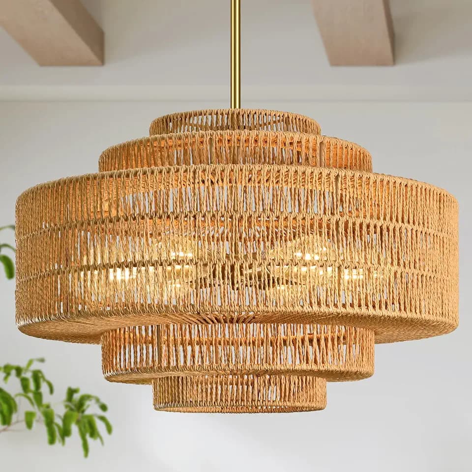 24" 6-Light Natural Rattan Chandelier Woven Rattan Pendant Light Boho Wicker Pendant Lighting Fixture Farmhouse Chandelier 5-Tier Drum Wicker Chandeliers for Kitchen Island Dining Room