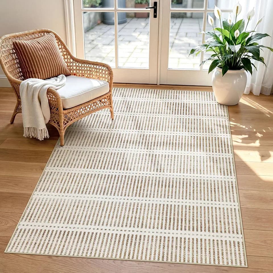 Tribesigns Ultra Thin 3x5 Washable Area Rugs for Entryway, Modern Non-Slip Small Bedroom Kitchen Rugs, Striped Farmhouse Indoor Carpet for Bedside Living Room, Khaki