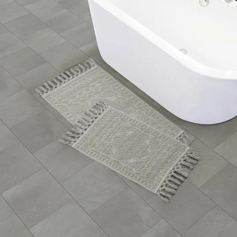 French Connection Nellore Bathroom Rugs, Set of 2 Woven and Beaded Bathroom Mats, Durable Bath Rugs, Thick Bath Mats for Bathroom and Shower Rugs, 17" x 28" and 20" x 38", Medium Grey