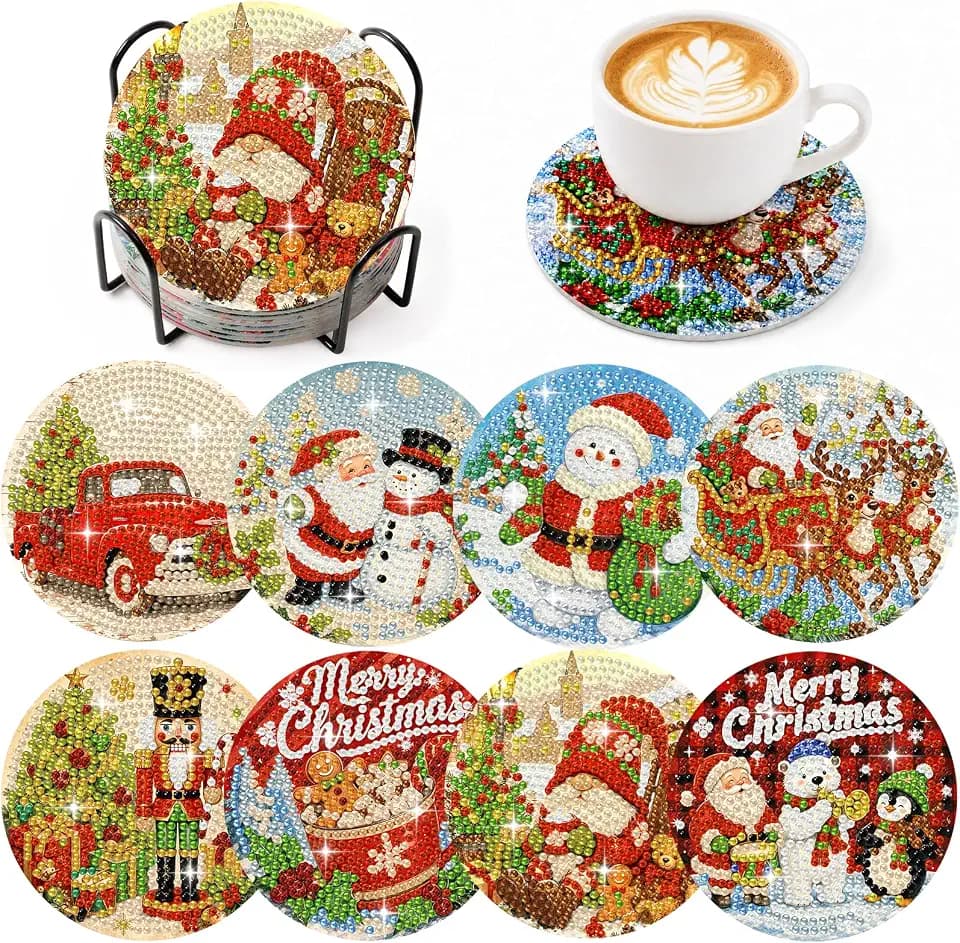 8Pcs Christmas Diamond Art Coasters Kit with Holder, Cork Backing
