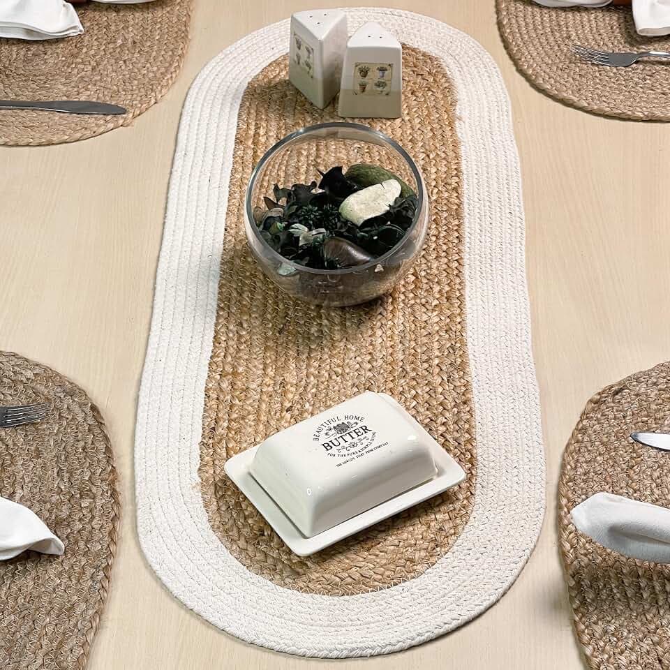CHARDIN HOME Verona Oval Woven Jute & Cotton Braided Table Runner, Size -13 x 36 Inches, Color - Natural Jute with Ivory Border