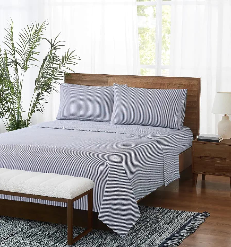 Brooklyn Loom Pinstripe White/Navy Queen 4 Piece Sheet Set