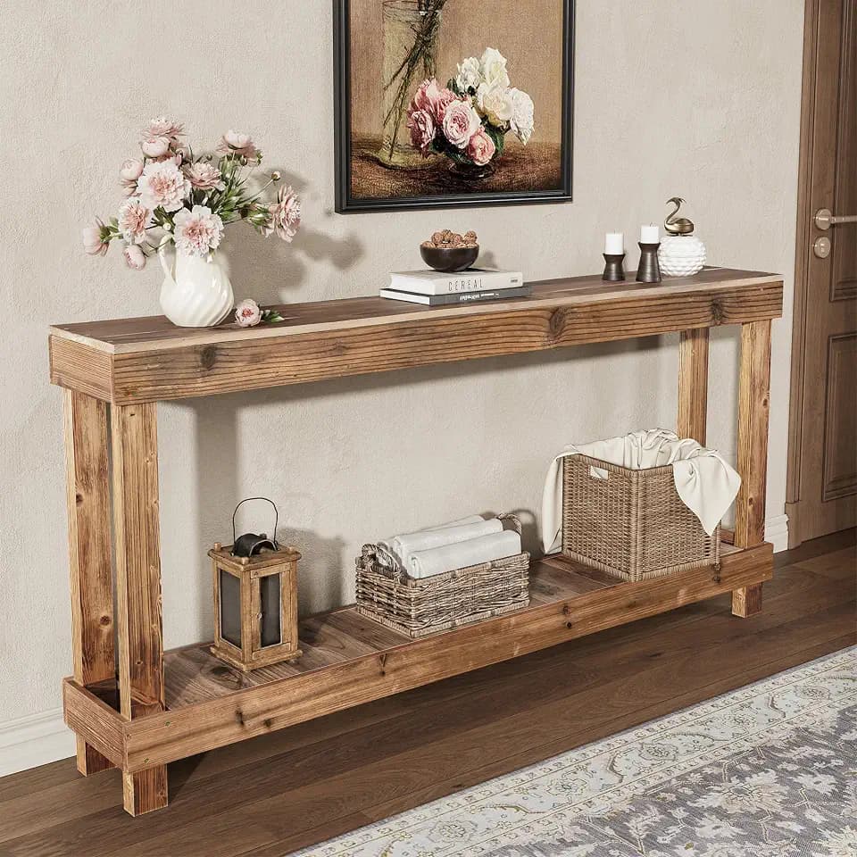 SMARTSTANDARD 60" Long Farmhouse Console Table, Solid Wood, Natural Brown
