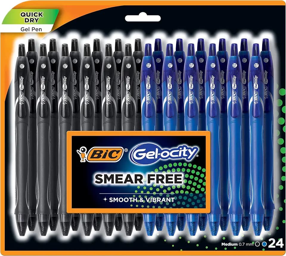 BIC Gelocity Quick Dry Gel Pen, 0.7mm, 12 Black & 12 Blue Pens, 24 Pack