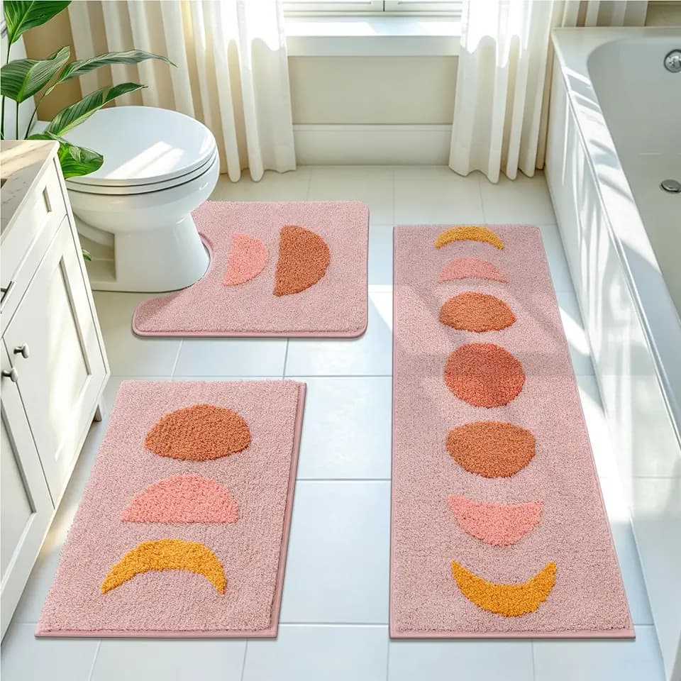 Pauwer Bathroom Rugs Sets 3 Piece, Boho Non Slip Bath Mat, Dusty Pink
