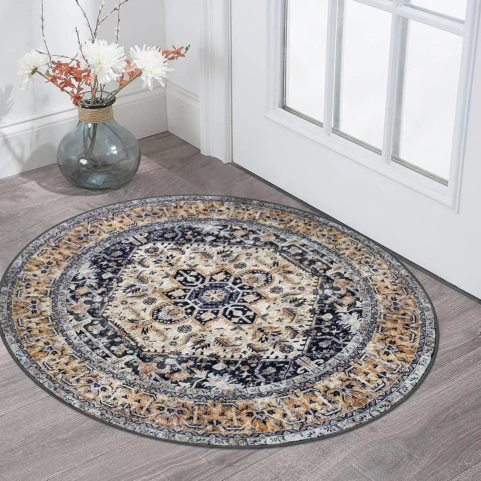 KOZYFLY Boho Round Rug 3 Ft Rugs for Entryway Washable Circle Rug Non Slip Doormat Gold/Orange/Navy Printed Faux Wool Vintage Round Entryway Rug Floor Carpet Round for Bedroom