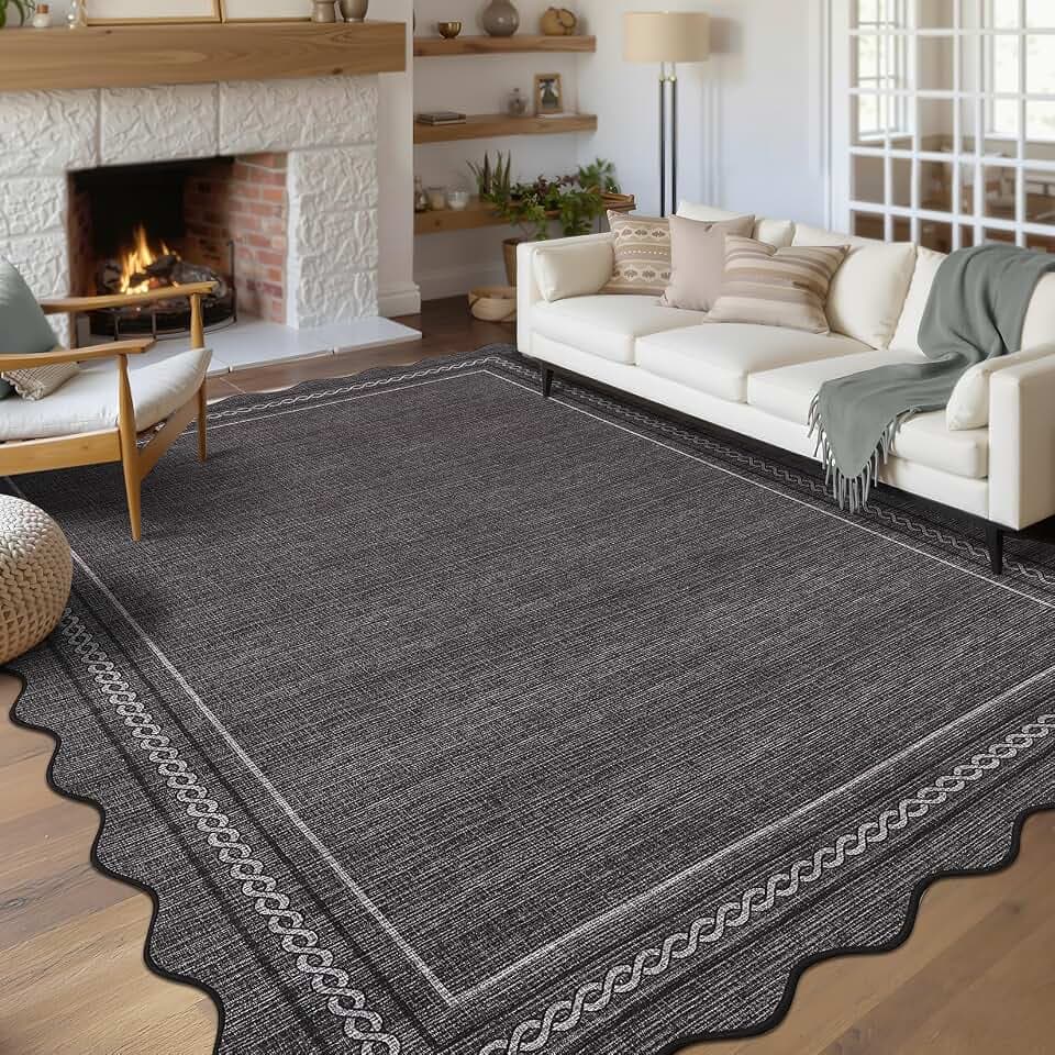 GarveeHome Scalloped Washable 6x9 Rug for Living Room Non Slip, Black