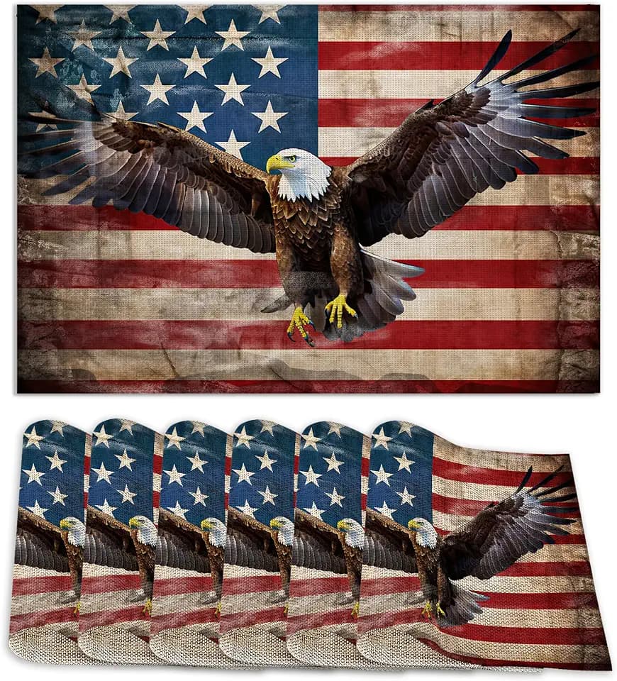 American Flag Eagle Place Mats Set of 6, Table Mats Heat Insulation Non Slip Washable Dining Placemats for Wedding Holiday Party Kitchen Decor 12X18 in