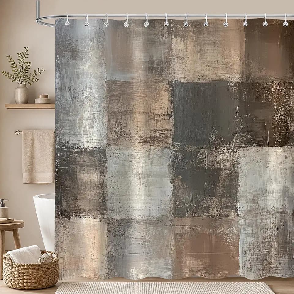 Brown Grey Abstract Shower Curtain, Rustic Farmhouse Acrylic Aesthetic Unique Vintage Bathtub Shower Curtains Decor for Bathroom Set, Washable Cloth Waterproof Fabric with 12 Hooks, 72x72 Inch