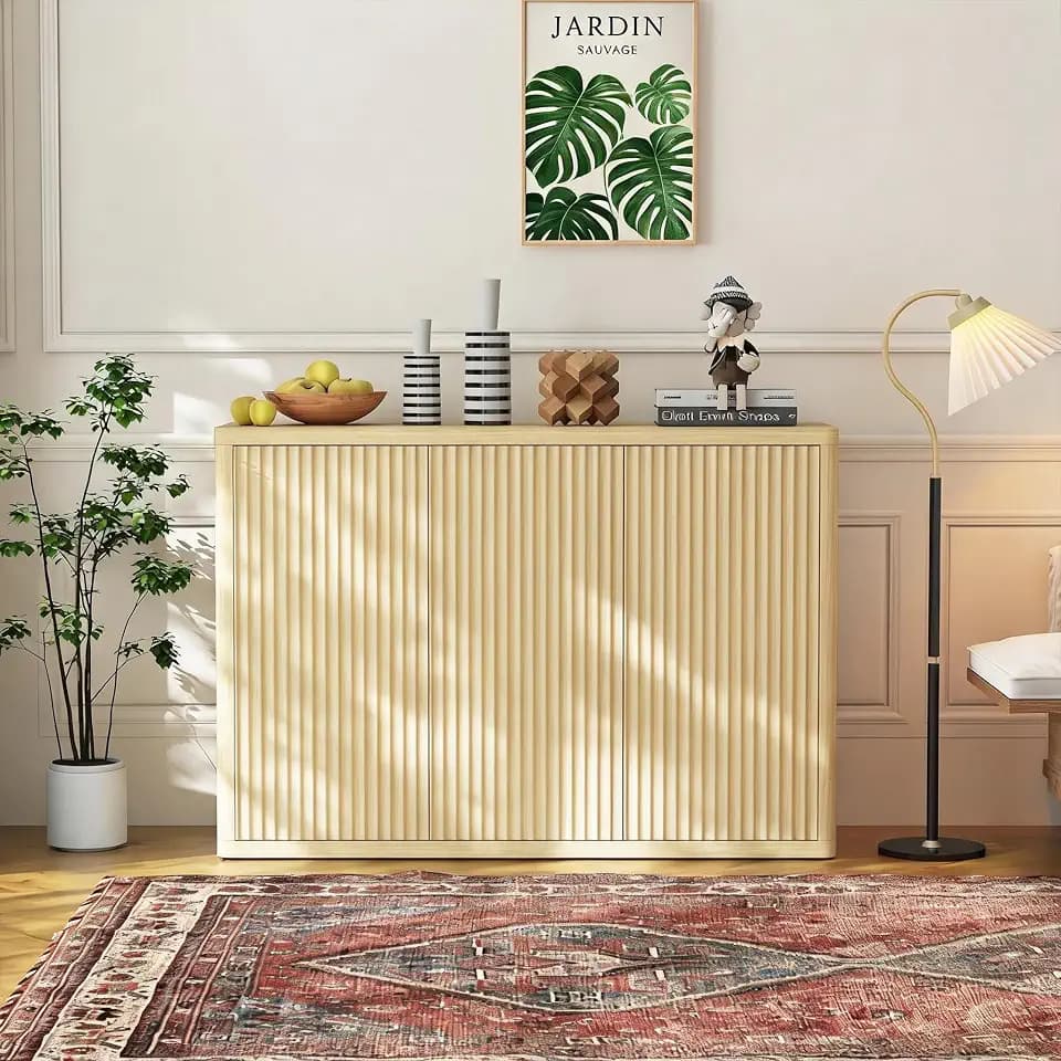 Buffet Cabinet with Storage, 46.6 Inch Sideboard with 3 Fluted Doors, Oak
