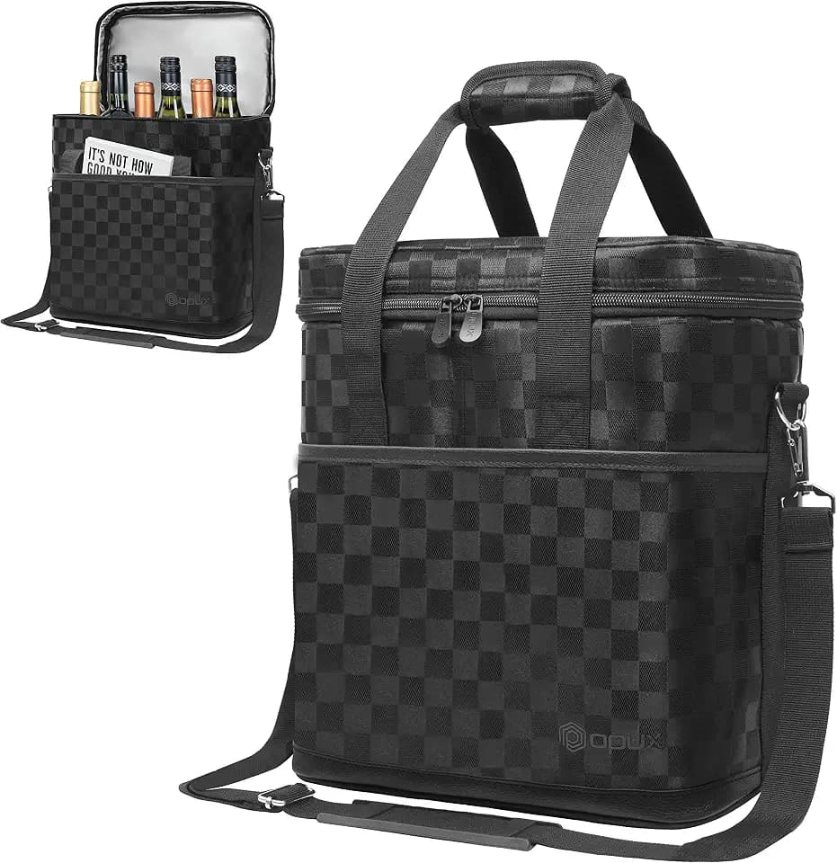 opux Insulated Wine Cooler Bag Leakproof 6 Bottle Tote Carrier, Back Square