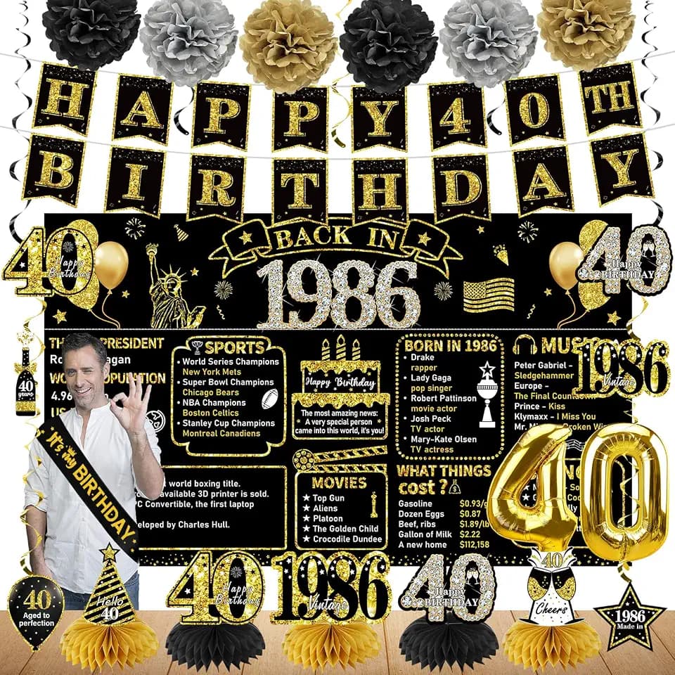 Zirtorei 40th Birthday Decorations for Men Women, 1986 Bday Party Supplies