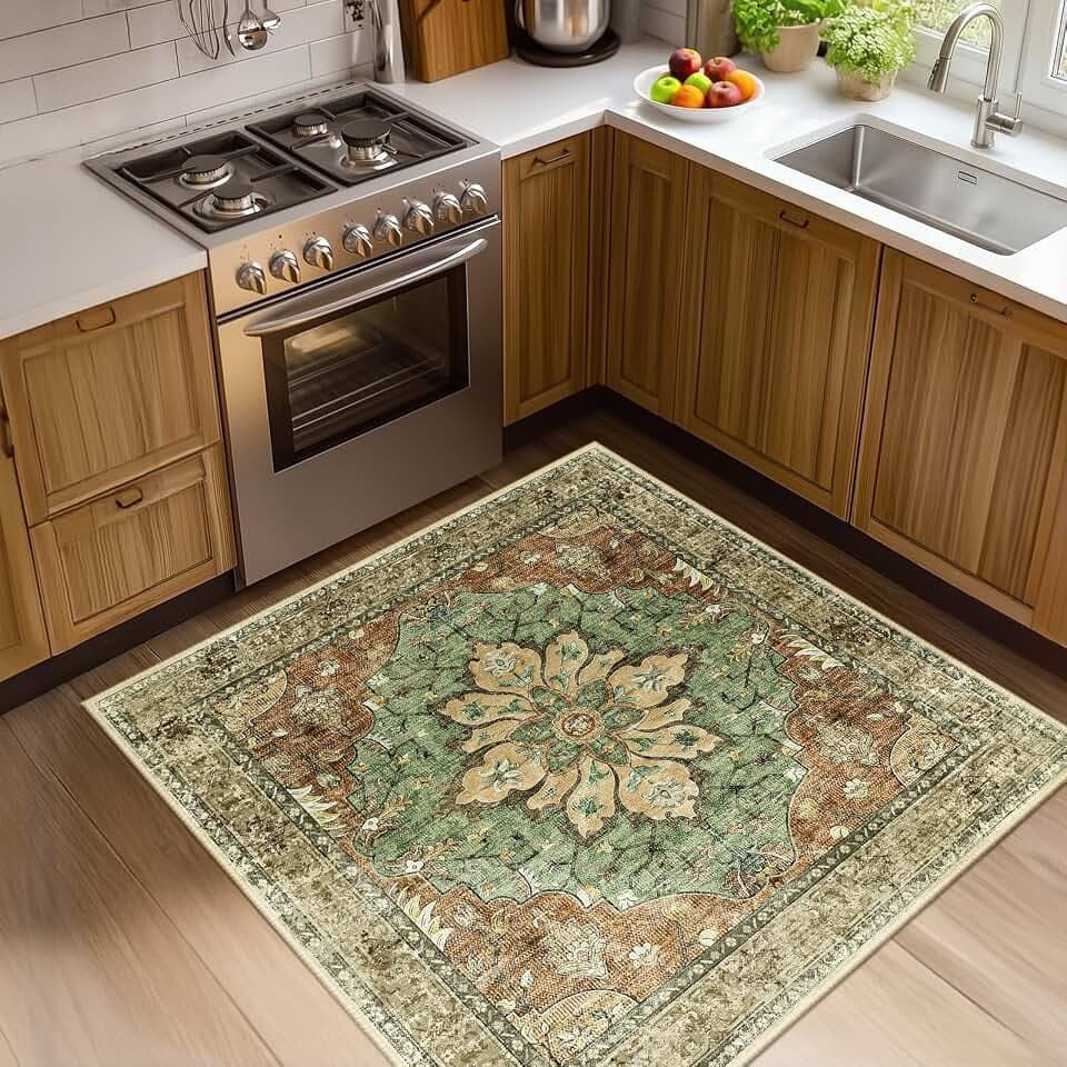 RELEANY Washable Area Rug, Square 4'x4', Brick/Brown/Green