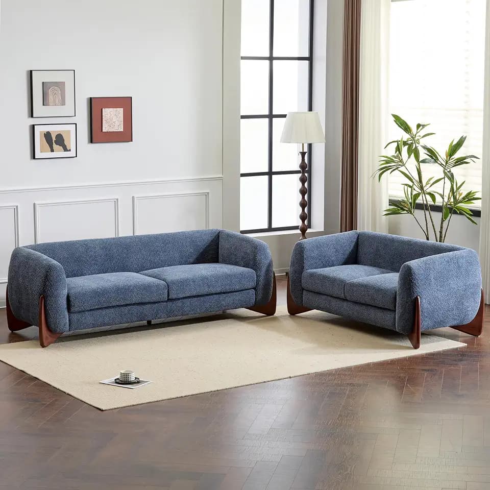 Christopher Knight Home Almad 2 Pieces Sofa Couch Set, Cozy 3-Seater Sofa and Loveseat for Living Room, Upholstered Couch Chair, Soft Seating Lounge Sofa with Wood Frame, Boucle Fabric, Navy Blue