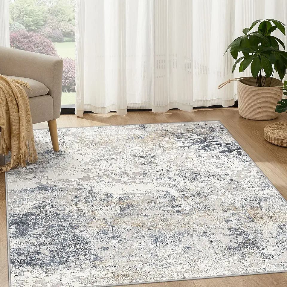 DMOYEST Square Area Rug Living Room Rugs - 5x5 Washable Large Soft Indoor Neutral Modern Abstract Low Pile Rug Carpet for Bedroom Dining Room Farmhouse Home Office - Beige Blue