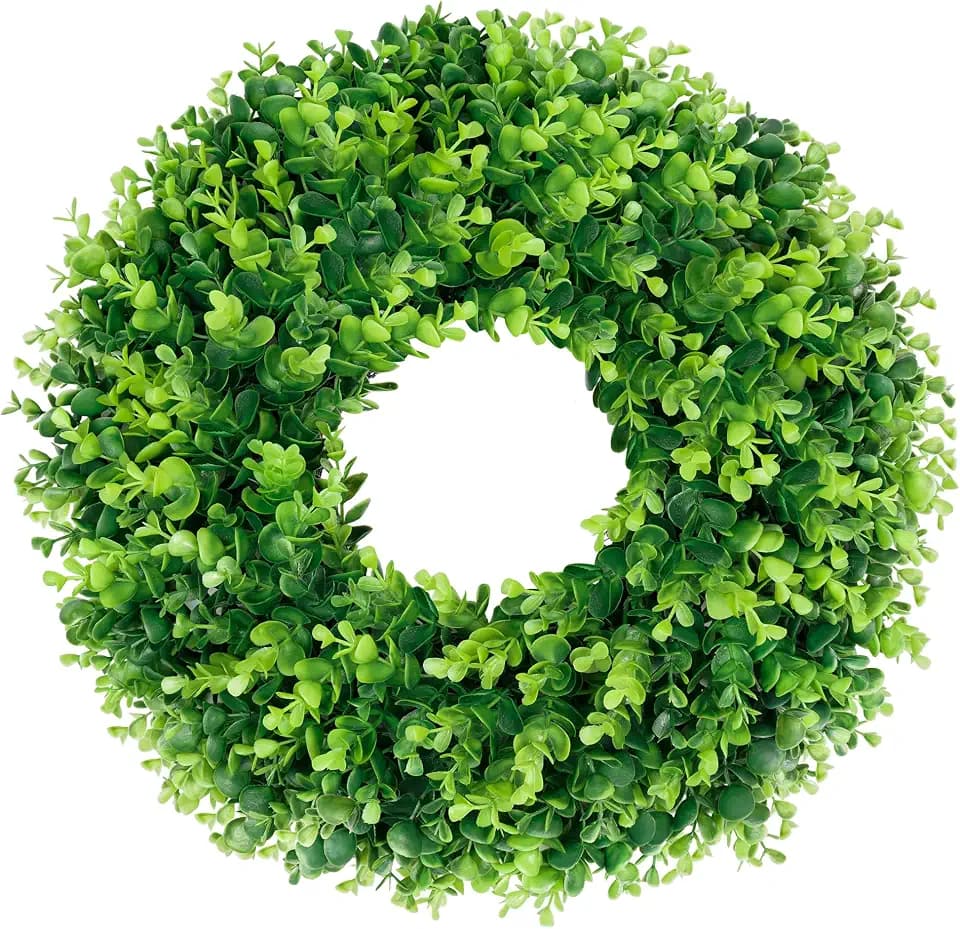 DDHS 16-18in Small Boxwood Wreath for Front Door – Artificial Green Farmhouse Wreath, Spring Summer Fall Winter DIY Decor, for Indoor Outdoor Year-Round Wedding Home Decorations