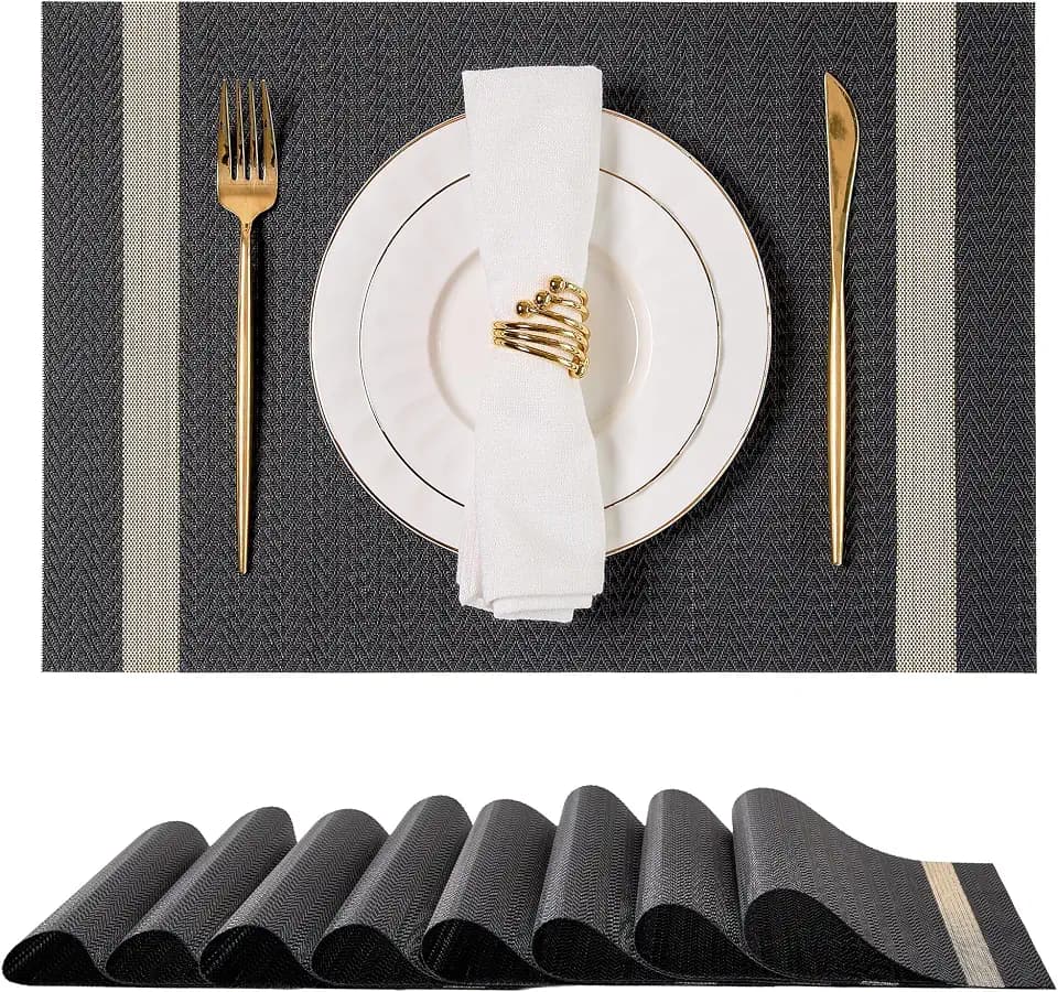 Woven Vinyl Placemats Set of 8,Black Striped