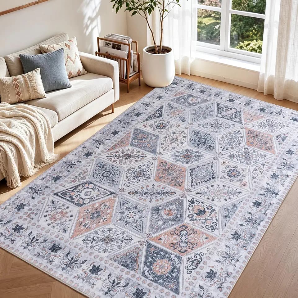 Moroccan Boho Floral Geometric Patchwork Washable 6x9 Large Area Rug