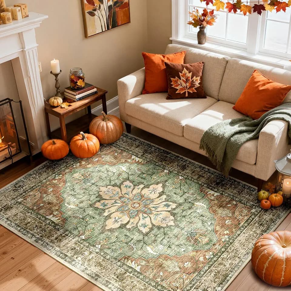 RELEANY Washable Area Rug, 4'x6', Brick/Brown/Green