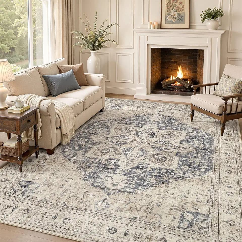 Tortania Area Rug 8x10 Living Room Rug Washable Soft Cream/Blue