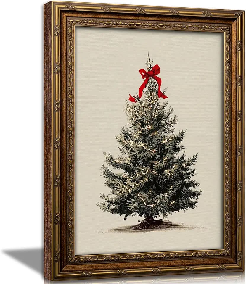Vintage Gold Framed Wall Art, Christmas Tree with Red Bow and Lights Print, Neutral Rustic Holiday Decor for Living Room, Bedroom,Entrywa Ready to Hang