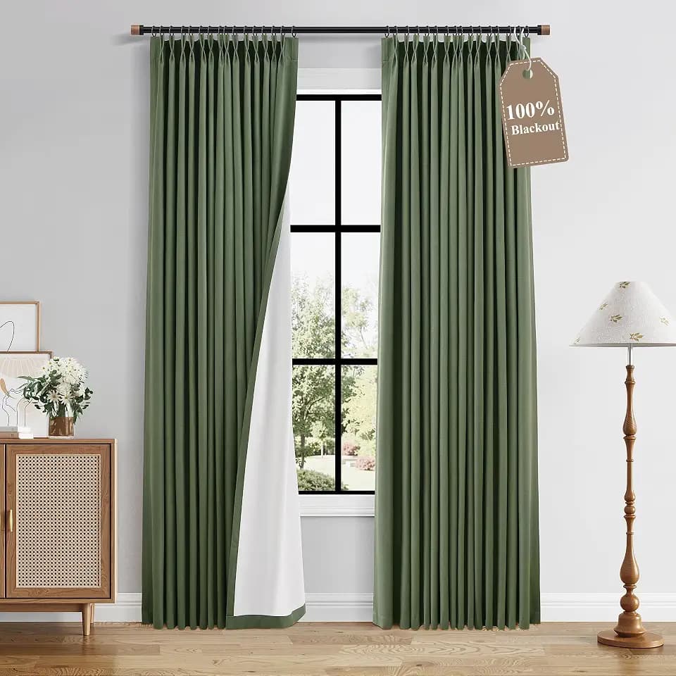 BOODII 100% Blackout Linen Pinch Pleat Curtains 84 Inches Long Olive Green