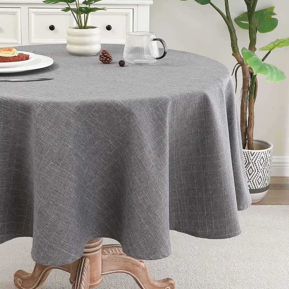 Grey Round Tablecloth, Faux Linen Water-Resistant Table Cover
