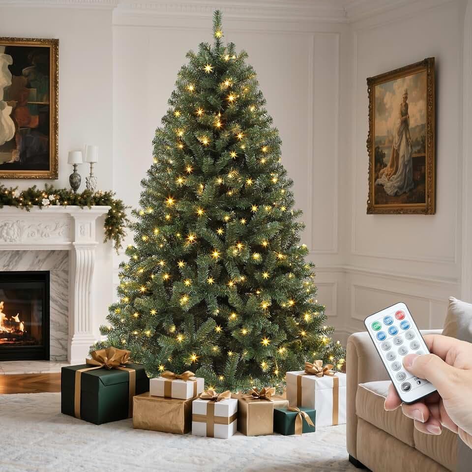 YITAHOME 6ft Pre-Lit Green Artificial Hinged Christmas Tree with Remote