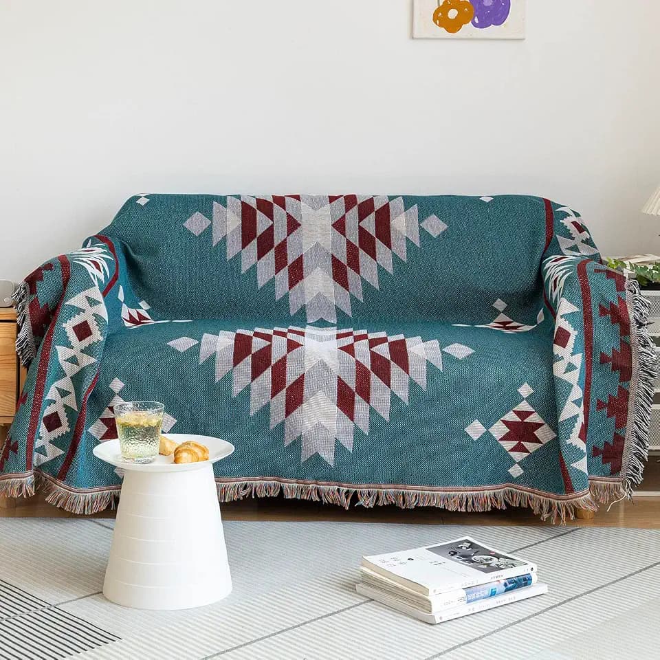 VClife Boho Teal Red White Geometric Linen Cotton Couch Cover with Tassel