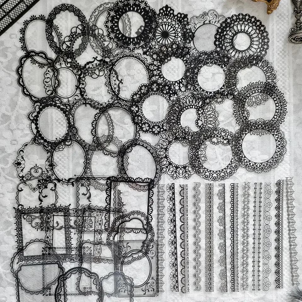 PRSTINCOL 120 PCs Lace Scrapbook Stickers,Waterproof Cutout Transparent Sticker PET Transparent Lace Stickers for Scrapbooking DIY Decoration Making Notebook Frame Album Handmade(Black)
