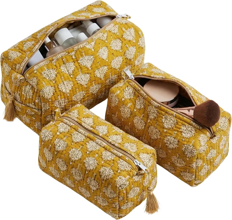 ATOSII Set of 3 100% Cotton Handblock Print Quilted Toiletry Cosmetic Makeup Travel Bag for Women, Waterproof Inner Lining, Jewelry Essentials Storage Case, Toiletries Pouch Purse, Flax