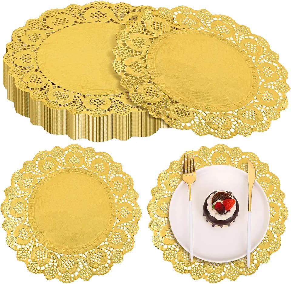 MCEAST 100 Pack Round Gold Paper Doilies 13.5 Inches Lace Place Mats Rustic Scallop Doily Disposable Paper Table Pads for Food Cakes Crafts Party Weddings Tableware Decor