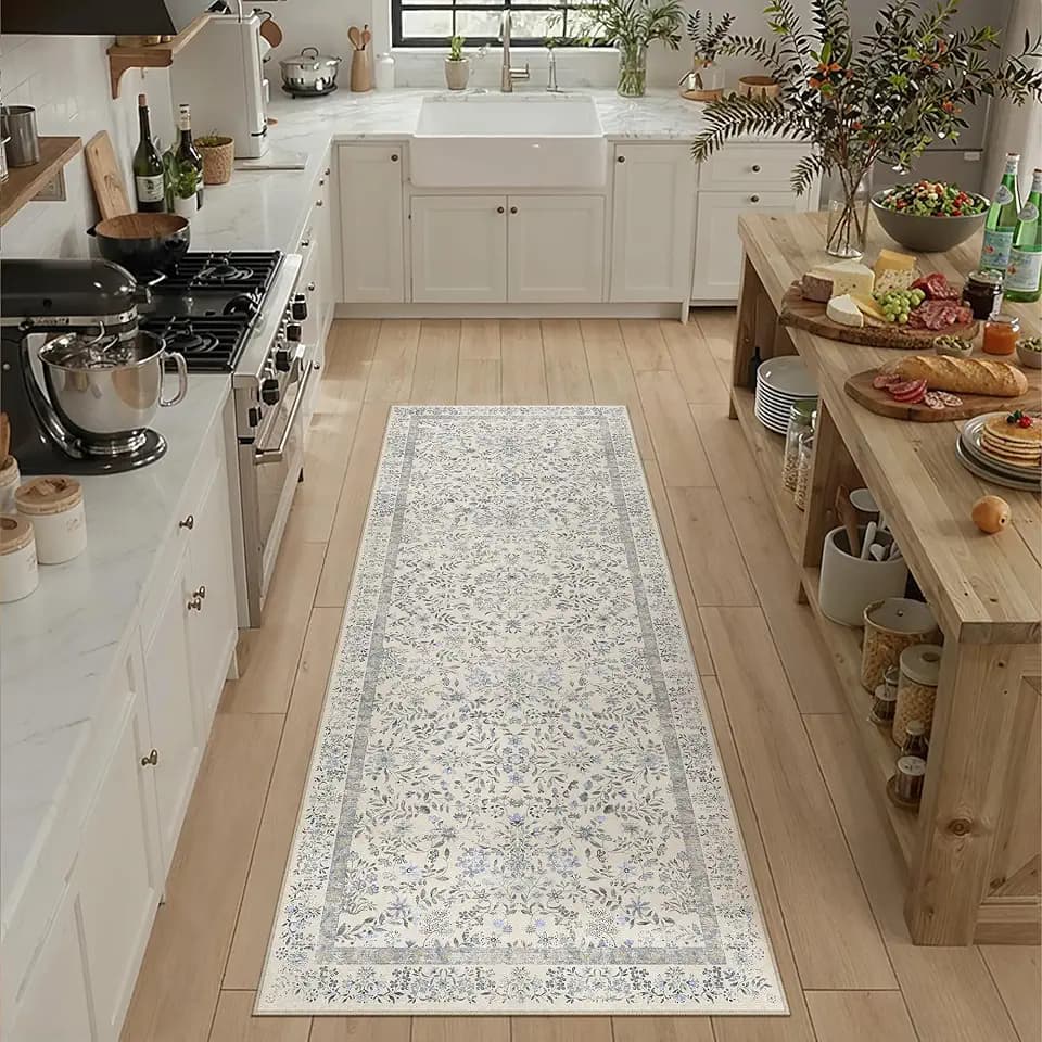 PureCozy 2.6x10 Blue Floral Runner Rug Vintage Farmhouse Style